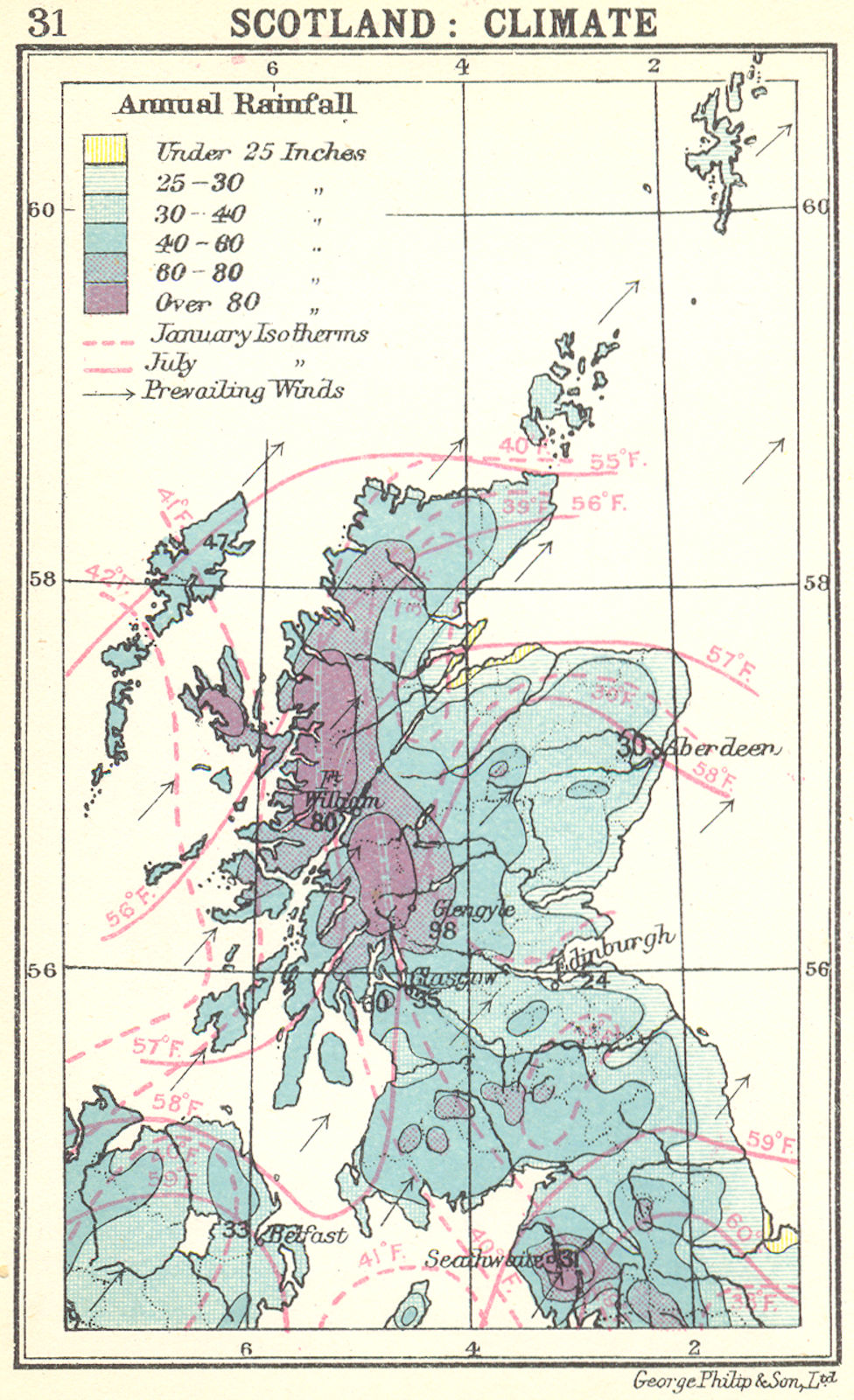 SCOTLAND. Scotland. Climate; Small map 1912 old antique vintage plan chart